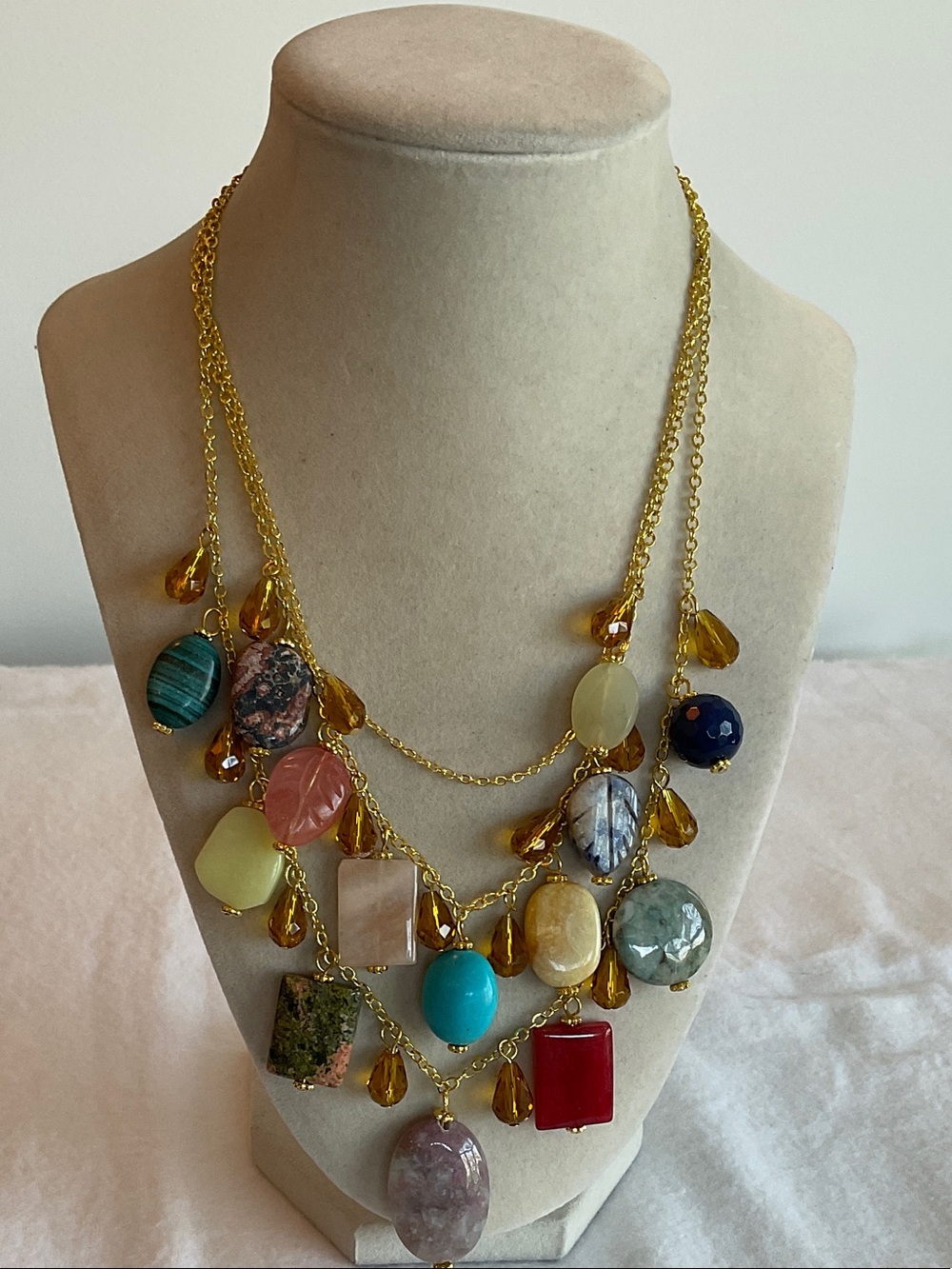 Gold Stone Triple Strand Necklace